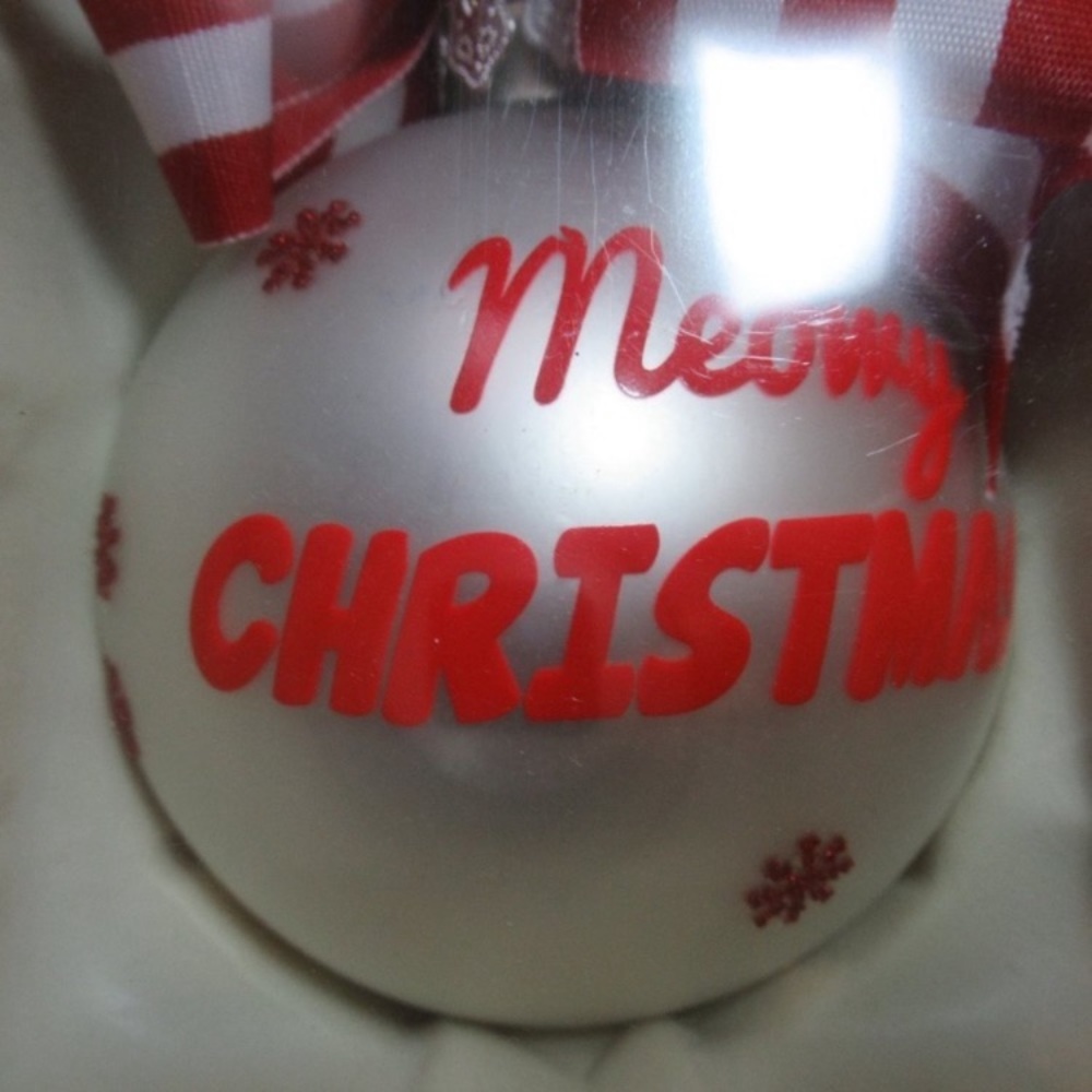 2 ornaments. Meowy Christmas kitty cat themed Holiday ornament w bow w stripes - Picture 6 of 14